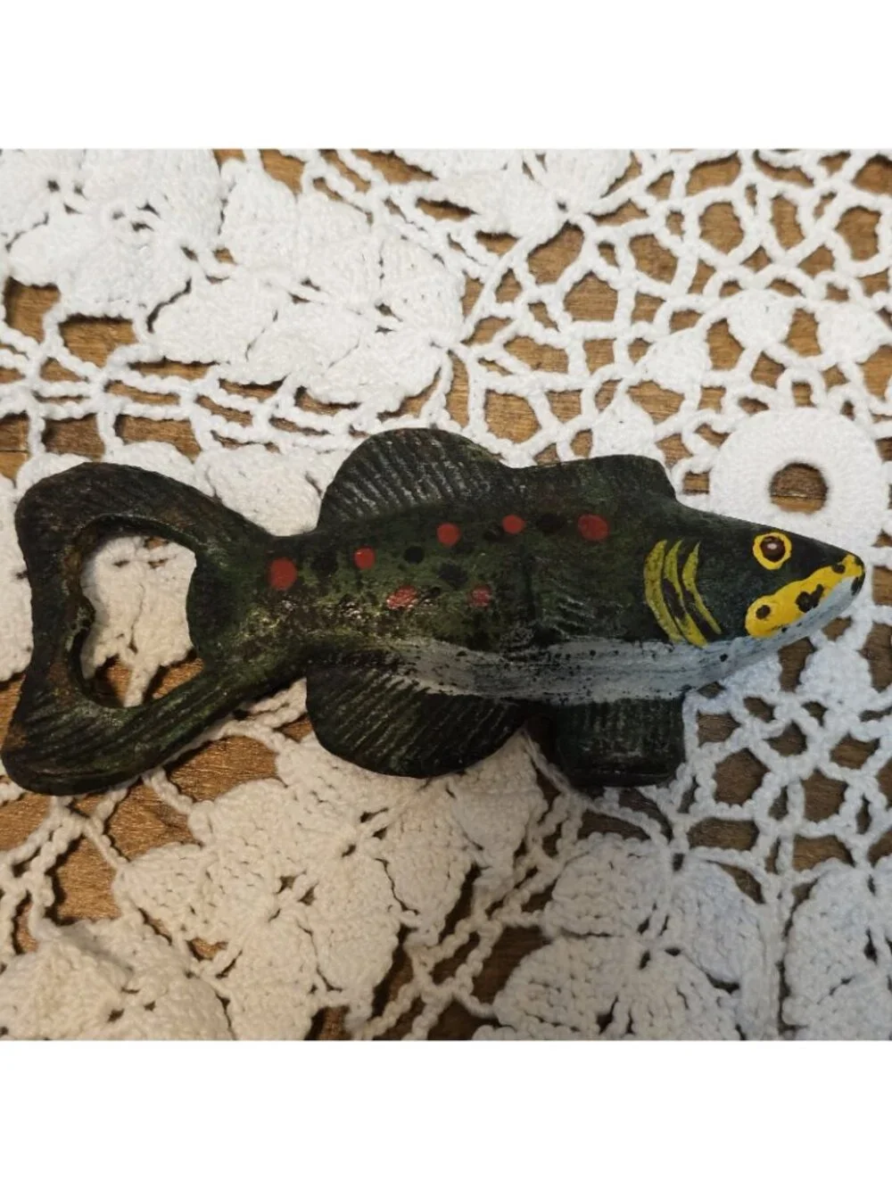 Vintage 5in Cast Iron “Painted Trout” and 3.5 IN Black Bear Bottle Opener 